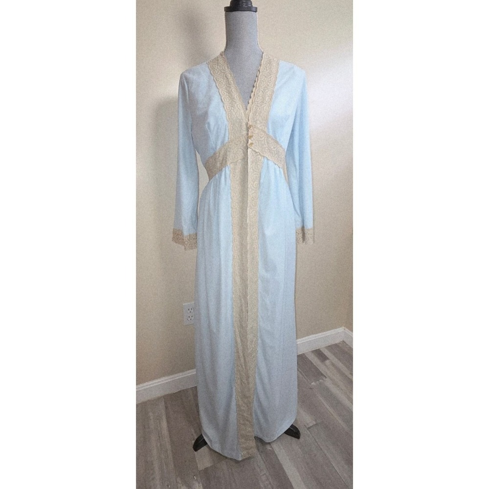 Vintage Saks Fifth Avenue‎ Light Blue Lace Trim Maxi Robe Nightgown Set Medium
